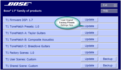 Load the Bose_T1_Presets_10.bos file in the second bank.