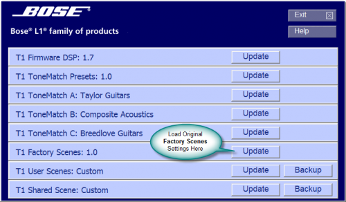 Load the Bose_T1_FactoryScenes_10.bos file in the sixth bank.