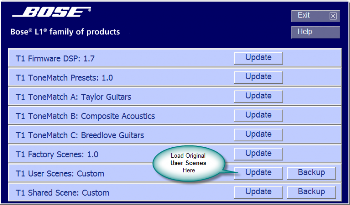 Load the Bose_T1_UserScenes_Reset_10.bos file in the seventh bank.